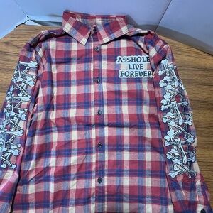 Ass Holes Live Forever Mens Red Flannel Plaid Embroidered Size XXL Print On Arms